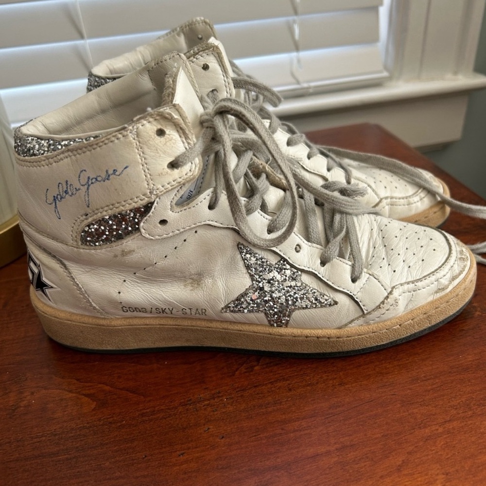 Golden Goose White High-Top Sneakers with Silver Star
